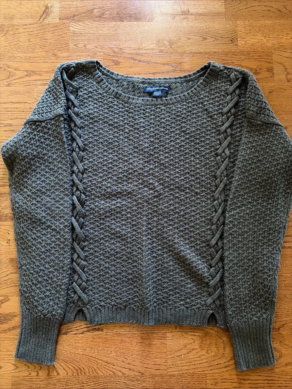 American Eagle Sweater Knit Pullover XS Soft Cross Stitch Crew Olive Green Army